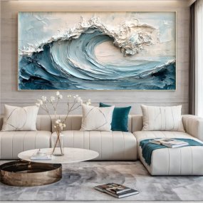 Coastal Serenity Textured Ocean Waves Oil Painting...